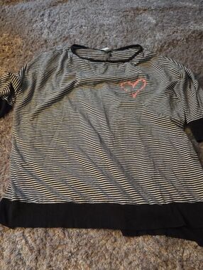Cacique Black & White Striped Tee with Pink Heart